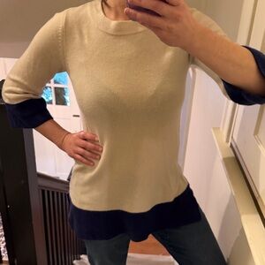 Cream and Navy 100% Cashmere Colorblock Sweater, Sz S